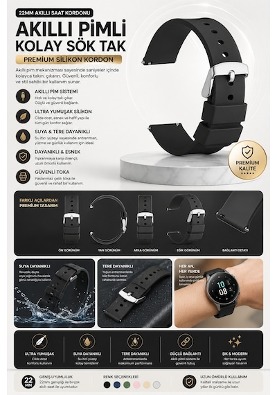 Garmin Forerunner 745 Uyumlu Siyah Yumuşak Silikon 22mm Akıllı Saat Kordonu