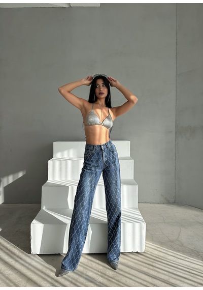 Loısy Kadın Koyu Mavi Renk Loose Fit Önü Starlight Parlak Taşlı Tasarım Denim Mavi