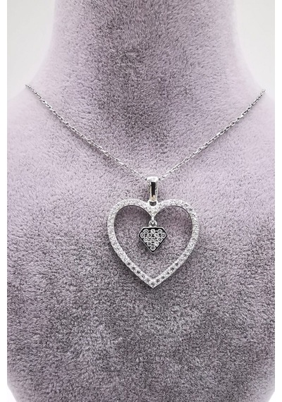 Omar Silver Kadın Kalpli Elmas Model Zirkon Taşlı Gümüş Kolye (513866784)