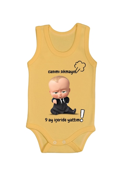 Bebetospik %100 Pamuk 9 Ay İçeride Yattım Baskılı Zıbın & Body Sarı