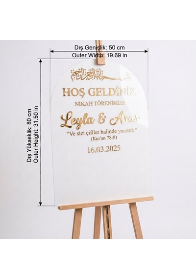 Beyaz Akrilik Düğün Karşılama Panosu 50x80 Cm Gold Yazılı Büyük Boy
