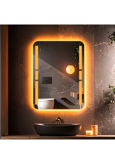 Drayno Amber Led'li Lazer Kumlamalı Lavabo & Banyo Aynası Dokunmatik Sensörlü 70 X 45 Turuncu