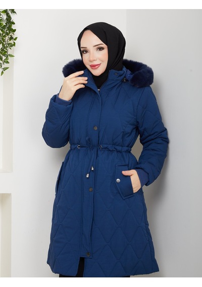 Eslemnur Belden Bağcıklı Şişme Mont Krinkıl Kumaş Mavi