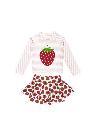 Lolliboomkids Kız Çocuk Çilek Desenli Uzun Kollu Tayt Etekli 2 Parça Mayo / Bikini Takımı Çilek Çok Renkli