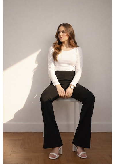 Unika Boutique Siyah Çimalı Kumaş Yüksek Bel İspanyol Paça Pantolon