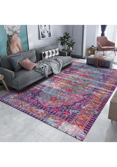 Lane Kadife Pamuk Tabanlı Yıkanabilen Kaydırmaz Antibakteriyel Salon Halısı 140x200 Çok Renkli