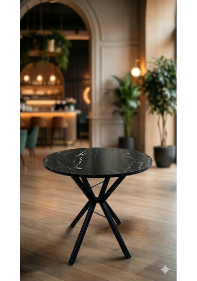 70 Cm Siyah Metal Ayak 2-3 Kişilik Yuvarlak Masa Mutfak Masası Balkon Masası Kafe Masası Ofis Masası Siyah Mermer Desenli