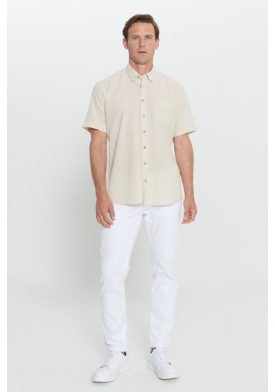 AC&Co / Altınyıldız Classics Erkek Ekru Bej Comfort Fit Rahat Kesim %100 Pamuk Gizli Düğmeli Yaka Gömlek Çok Renkli