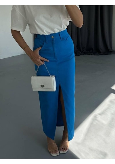 Gabardin Uzun Önden Yırtmaçlı Etek - Saks Saks