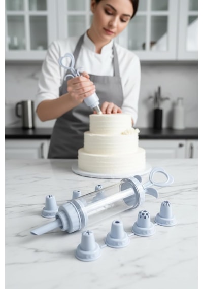 Transformacion Profesyonel 8 Başlıklı Pasta Krema Süsleme Pompası Seti, Enjektör Uçlu, Şeffaf Gövde, 18-20 Cm Y Diğer