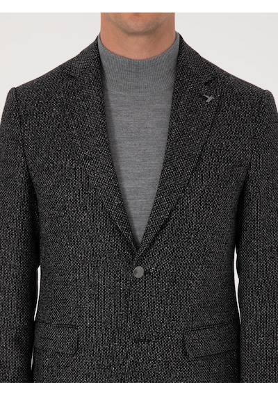 Cacharel Siyah Slim Fit İpek Kaşmir Karışımlı Mikro Desenli Blazer Ceket