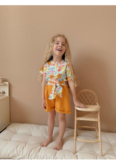 Jolly Kids Kız Çocuk Airobin Kumaş Bağlama Detaylı Şortlu Takım Turuncu