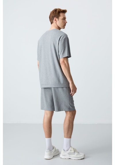 Tommy Life Gri Melanj Pamuklu Kalın Yumuşak Dokulu Oversize Fit Basic Erkek Şort Takım - 85257 GRİ MELANJ