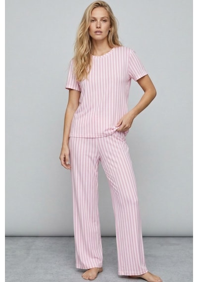 Siyah İnci İnce Soft Örme Mevsimlik Pijama Takımı 8003 Pembe Beyaz Çizgi