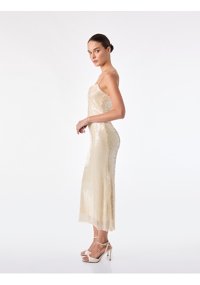 Koton Slim Fit İp Askılı Pullu Payetli Uzun Bodycon Elbise Bej 6sak80032ek Ekru