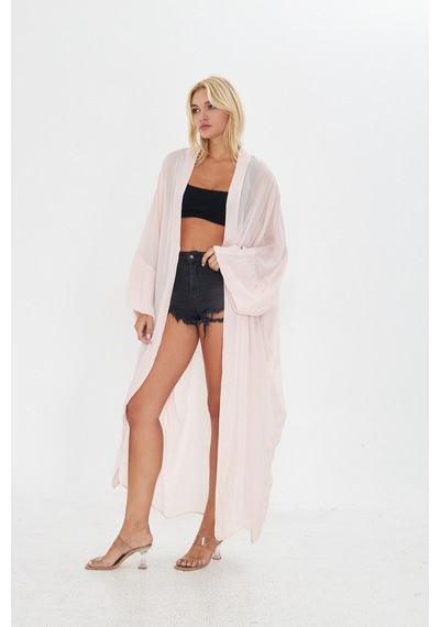 Kutaf Pudra Pembe Uzun Soft Kimono Açık Kahverengi