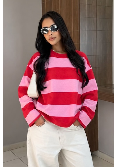 Hiccup Bıpantolon Kadın Oversize Çizgili Bisiklet Yaka Sweatshirt Çok Renkli 01