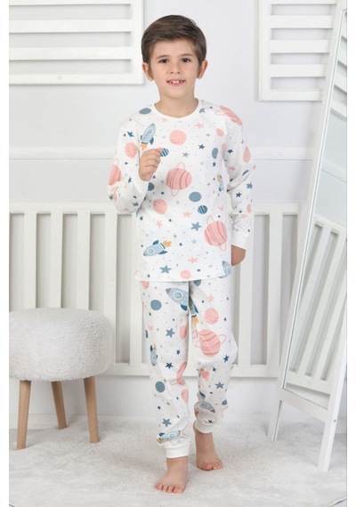 Bunny Hopp Unisex Çocuk Pijama Takımı %100 Pamuk Uzun Kollu Penye 3-8 Yaş Beyaz