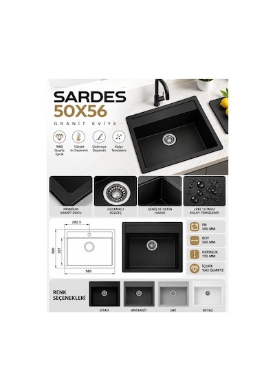 Granit Evye Sardes Series Gri Renk En:50 Mm Boy :61 Mm Derinlik :195 Mm