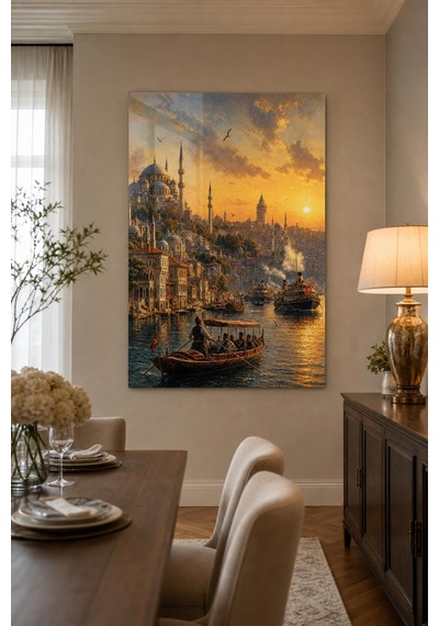 İstanbul Boğazı Desenli Baskılı Cam Tablo Osmanlı Şehir Manzarası Uv Baskı