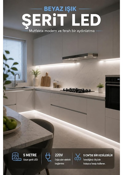 Tr 5 Metre Beyaz Şerit Led, 220v, 5 Cm'de Kesilebilir, Dekoratif Aydınlatma Diğer