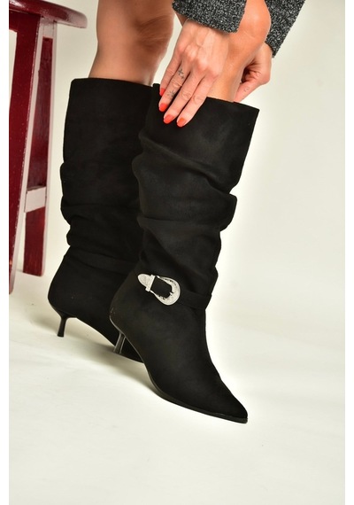 Fox Shoes Z726105702 Siyah Süet İnce Topuklu Büzgülü Kadın Çizme