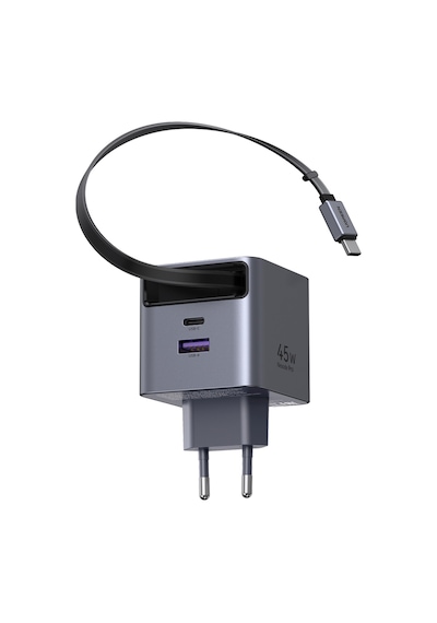Ugreen 45w Makaralı Dahili Kablolu Gan Hızlı Şarj Cihazı, 2xusb-c, 1xusb-a, Gri, 65822