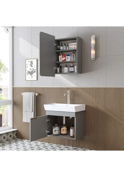 Likya Lavabolu Banyo Dolabı Takımı, Mdflam Tek Kapaklı Lavabolu 59 Cm Banyo Alt Dolabı + Üst Dolabı Kül Gri