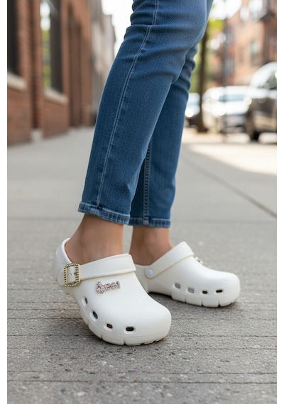 Calx Kadın Önü Kapalı Sabo Terlik Tokalı Rahat Günlük Crocs Tarzı Hafif Taban Terlik Bnt215 Bej