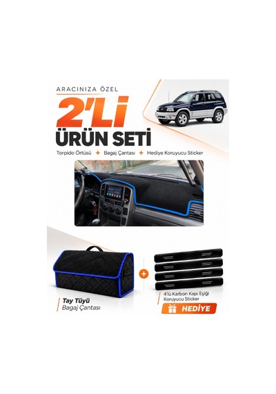 Suzukı Grand Vitara 2003-2006 Uyumlu Torpido Örtüsü + Tay Tüyü Bagaj Çantası Seti - Siyah Mavi