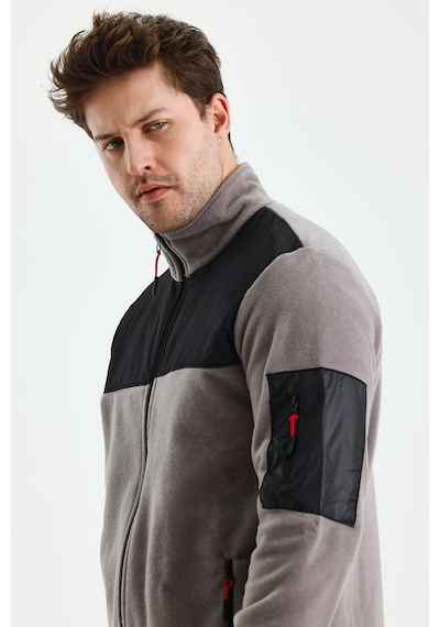 Monox Erkek Tam Fermuarlı Parçalı Spor Polar Ceket Gri