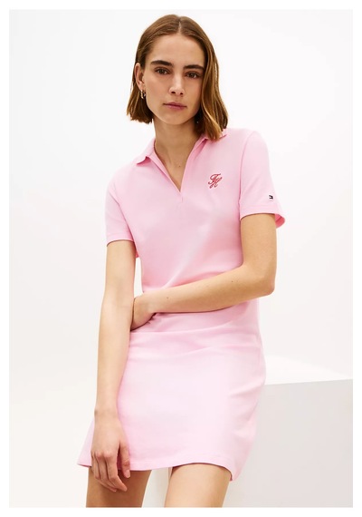 Kadın Normal Kalıp Polo Yaka Logo İşlemeli Kısa Kollu Pembe Elbise Pembe