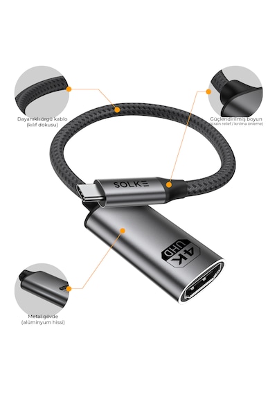 Solke Usb-c To Hdmı Adaptör 0.2 Metre 4k 60hz 18gbps Type-c To Hdmı Çevirici Örgülü Alüminyum