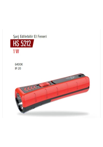 Helios Hs-5212 1w Şarj Edilebilir El Feneri 6400k Beyaz Işık Kırmızı - Siyah