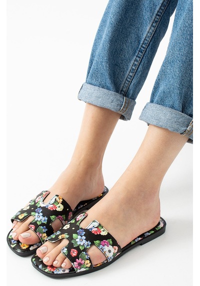 Dabab Shoes Florısa Kadın Çiçek Desenli H Bantlı Siyah Düz Taban Yazlık Terlik