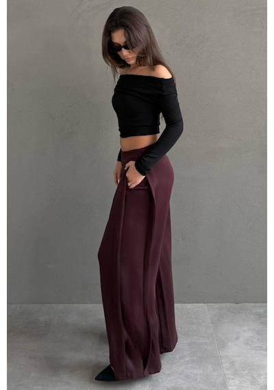 Madmext Bordo Yumuşak Dokunuşlu, Yanları Pilili, Modal İçeren Geniş Paça Pantolon Mg2668 Bordo