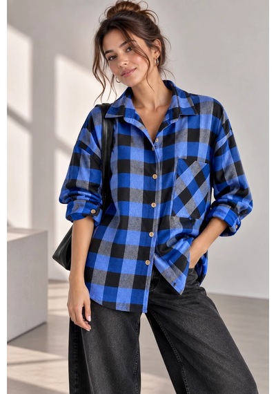 Bb Butik Basic Kadın Ekose Gömlek Oversize Oduncu Gömlek Uzun Kollu Cepli Günlük Tr0935 Mavi