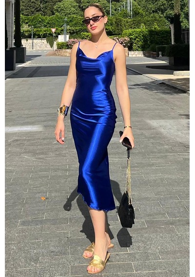 Madmext Saks Askılı Uzun Saten Elbise Mg1408 Saks