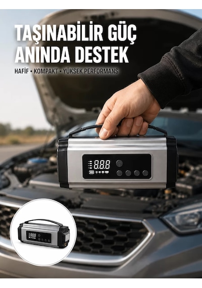 Dijital Göstergeli Akü Takviye Cihazı Lastik Şişirme Powerbank Ve Led Işık Özellikli Yeni Nesil Cn