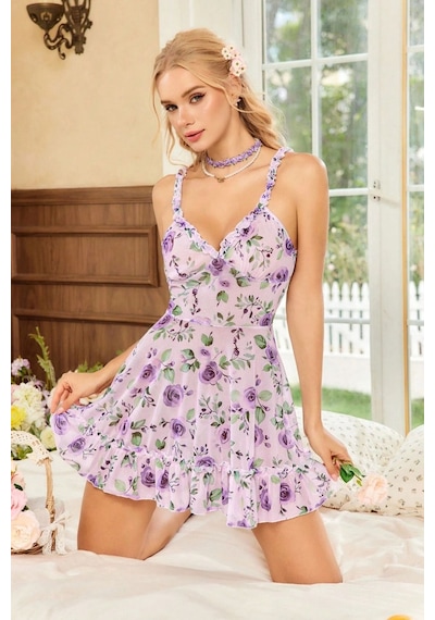 Bella Notte Romantik Lila Askılı Desenli Tanga Ve Gecelik Mor