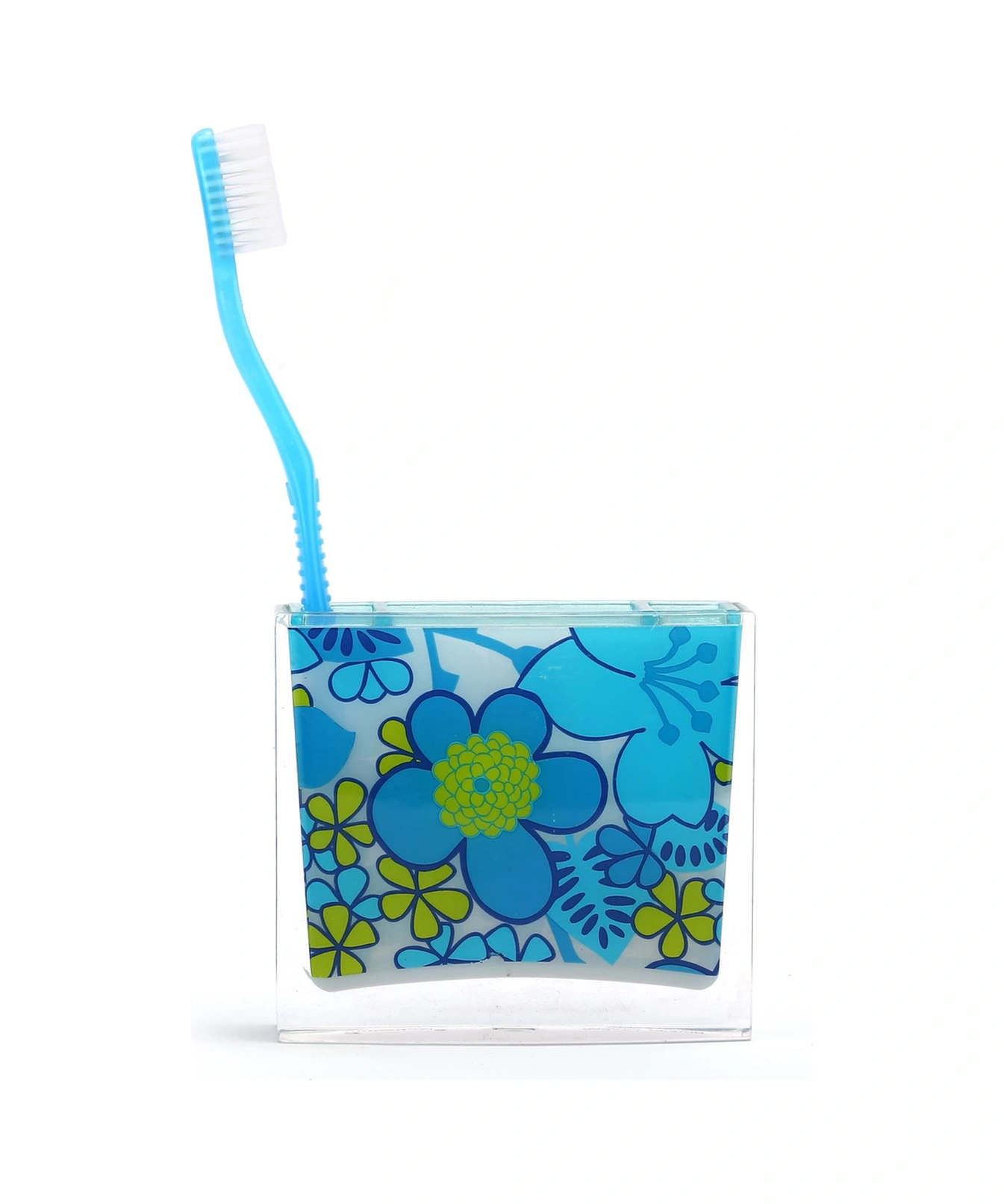 2 Adet Diş Fırçalık Mavi Çiçekli Akrilik 10x10x3cm Banyo Seti Çok Renkli