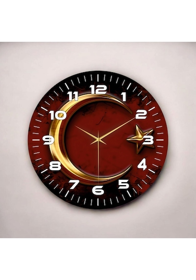 Renkli Baskı Ay Yıldız Desenli Sayılı Hediyelik Ahşap Sessiz Duvar Saati 50cm ÇOk Renkli