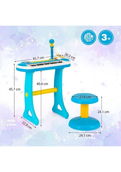 Çocuk Piyano Org Seti Mikrofonlu Tabureli - 31 Tuşlu Işıklı Sesli Eğitici Müzik Aleti Oyuncağı
