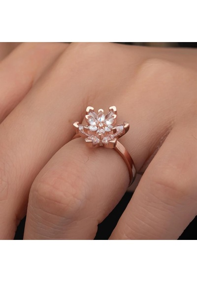 Pembe Lotus Çiçeği Rose Gümüş Kadın Yüzük