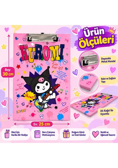 Lisanslı Kuromi Rock Star Gitar Desenli Pembe Sekreterlik 25x30 Cm Metal Mandallı Yazı Altlığı - 9023401619641