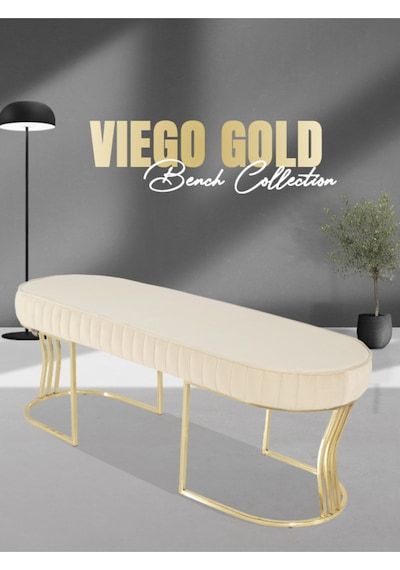 Viego Gold Striped- Krem Kapitoneli Chester Model Puf & Bench & Koltuk & Uzun Makyaj Puff & Yatak Ucu &önü