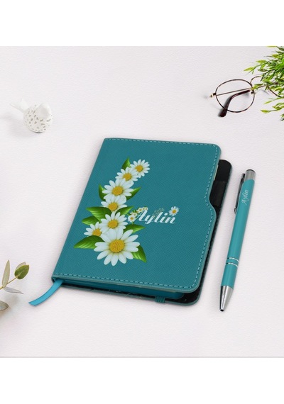 Kişiye Özel Papatya Temalı Turkuaz Termo Deri Defter Kalem Seti-8