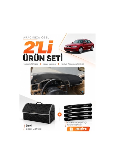 Rover 45 1999-2005 Uyumlu Torpido Örtüsü + Deri Bagaj Çantası + Sticker Seti - Siyah Gri