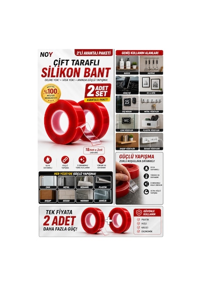 Çift Taraflı Bant 2 Metre 2 Li Set
