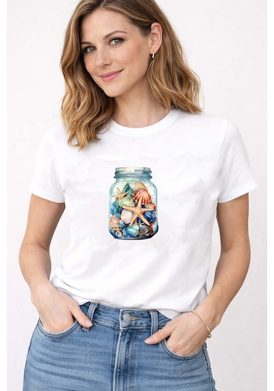 Herkesemoda Kadın Yazlık Deniz Temalı Baskı Detaylı Bisiklet Yaka Pamuklu T-shirt Beyaz
